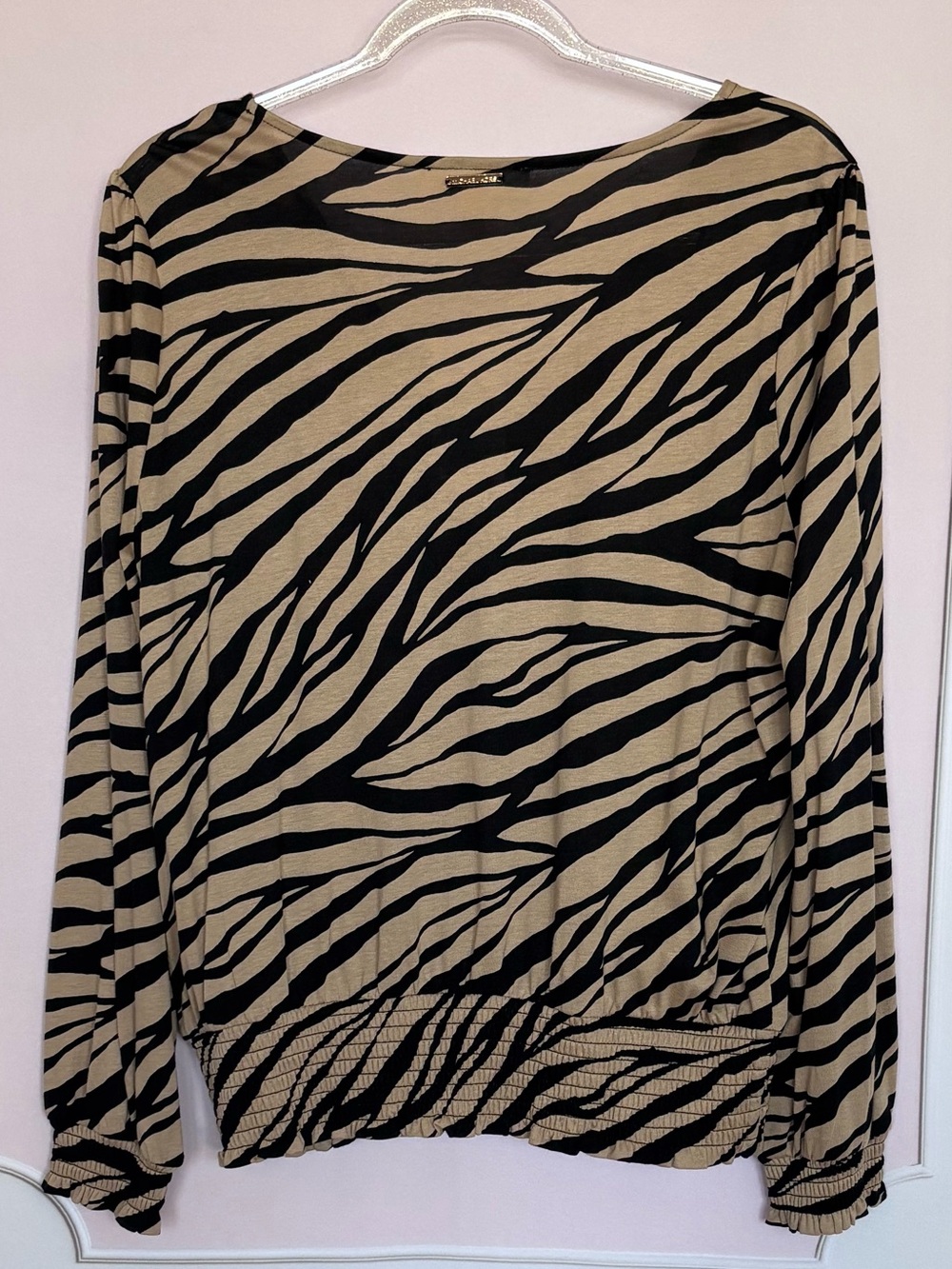MICHAEL KORS Long Sleeve Tan & Black Zebra Print Smocked Waist Top--NWT--PL - Picture 7 of 15